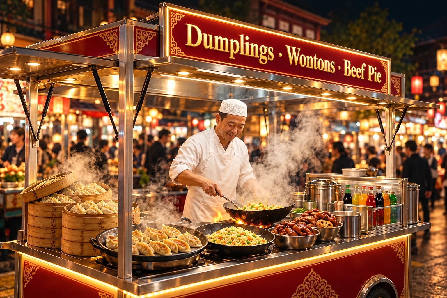 清真小吃店与路边摊位制作水饺的场景示意图